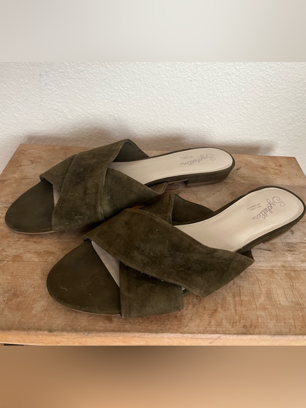 Seychelles Olive Green Suede Crisscross Slide Sandals